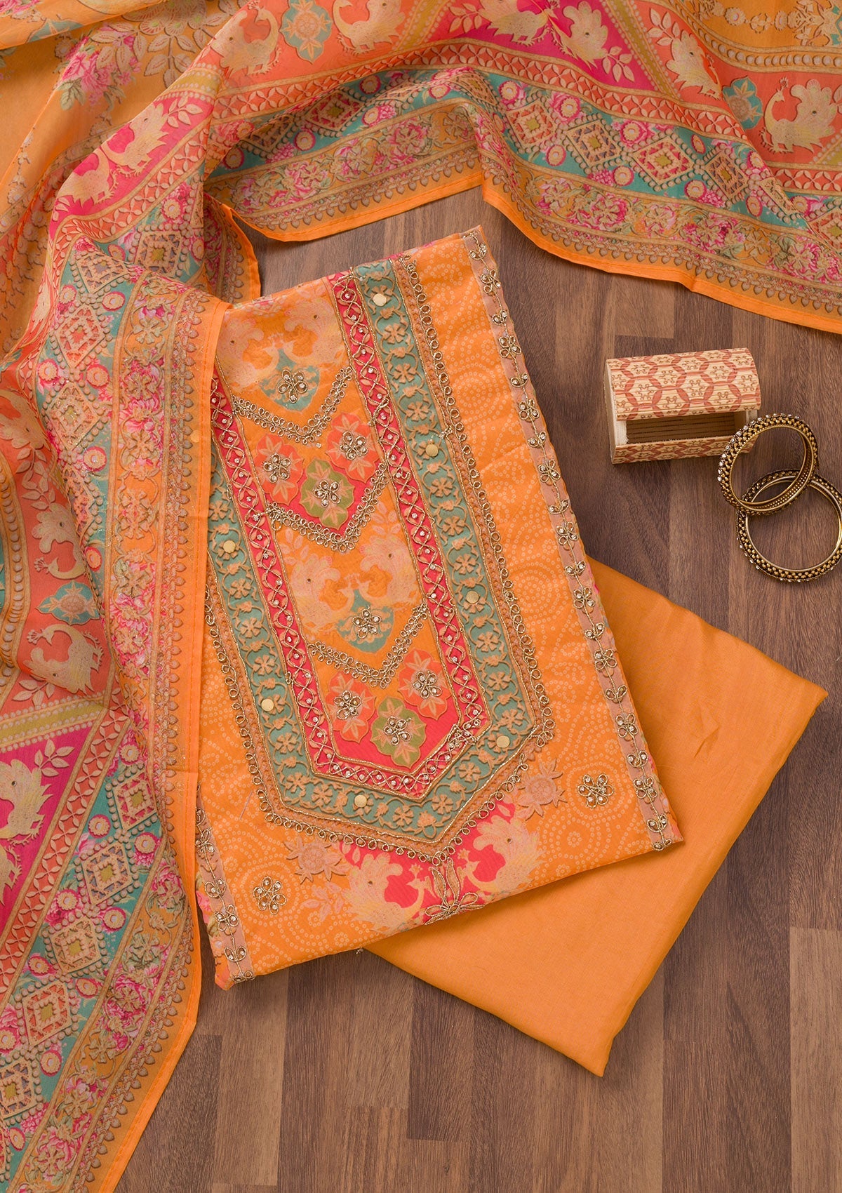 Mustard Printed Chanderi Unstitched Salwar Suit