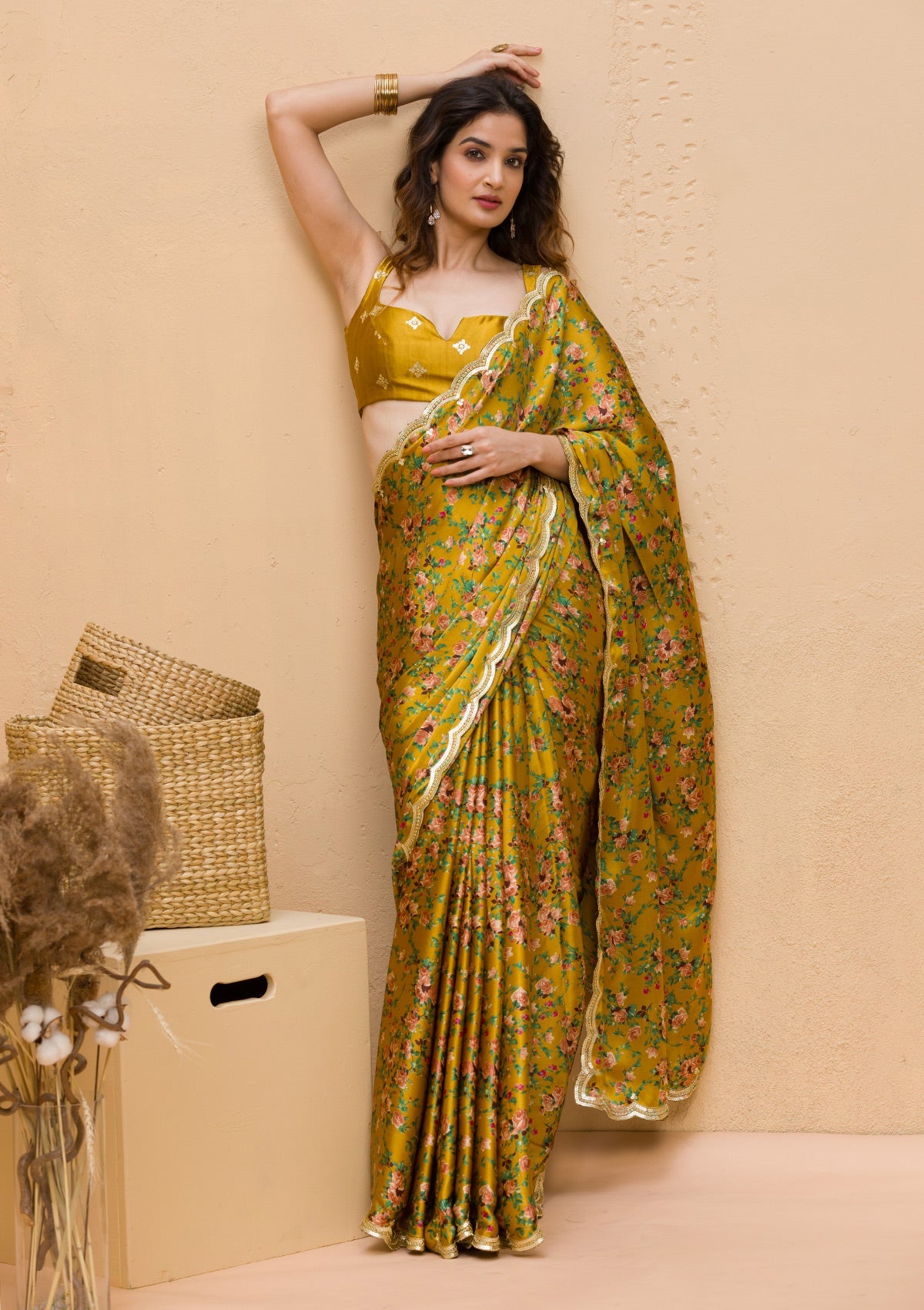 Mustard Floral Printed Satin Designer Saree