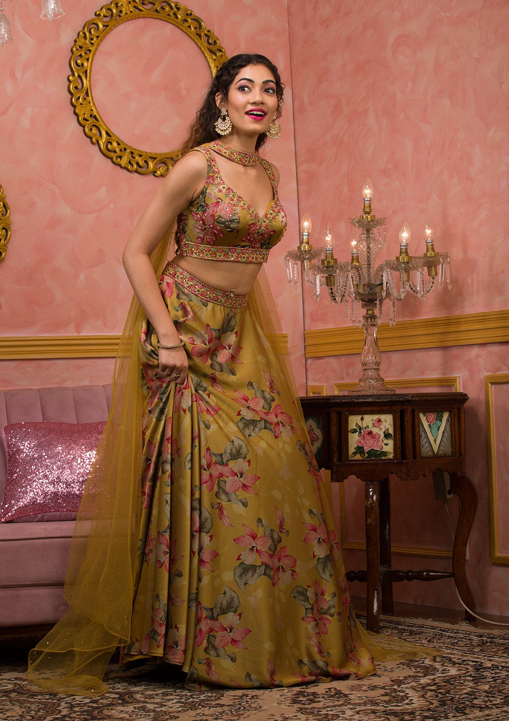 Mustard Printed Semi Crepe Readymade Lehenga