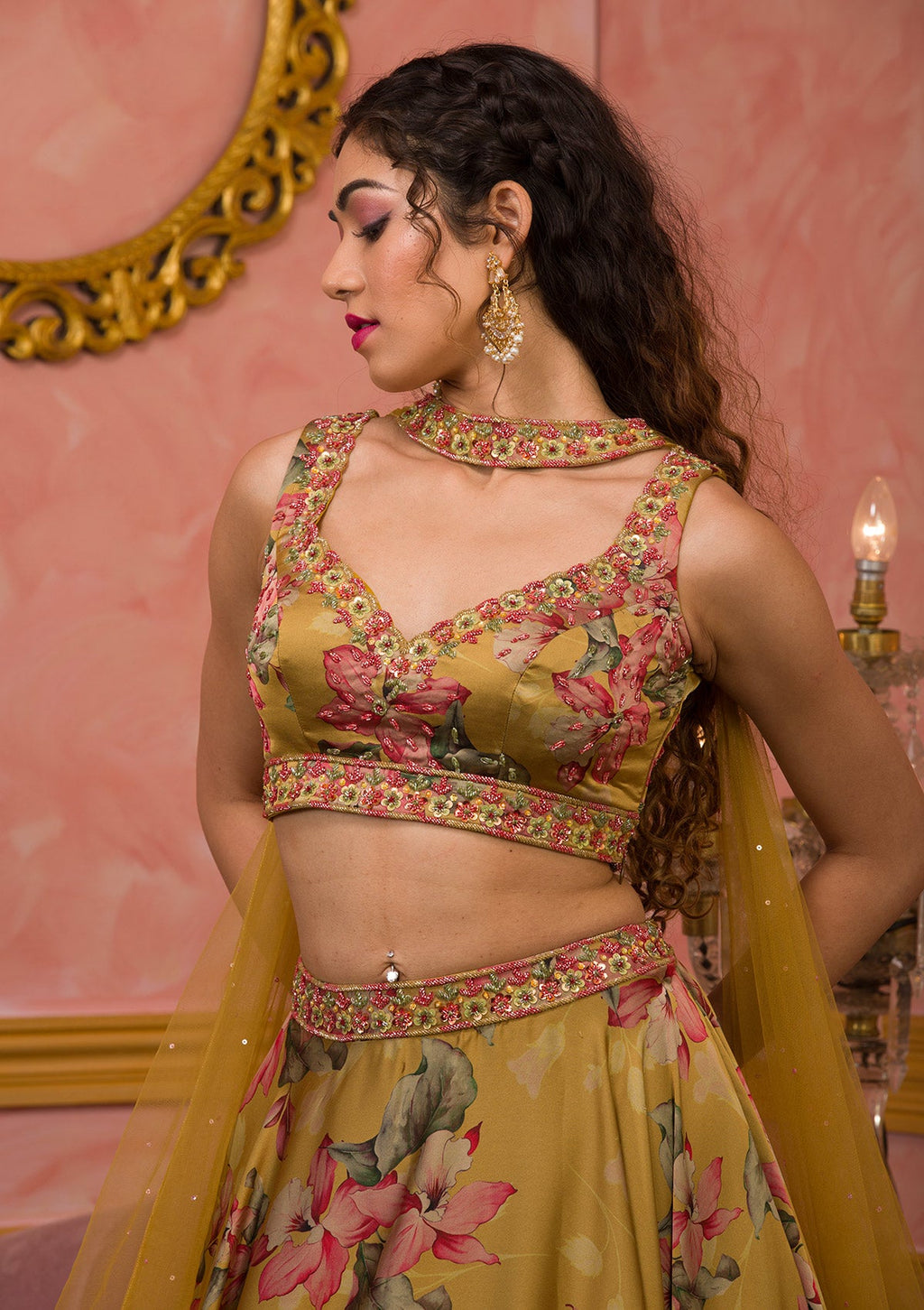 Mustard Printed Semi Crepe Readymade Lehenga
