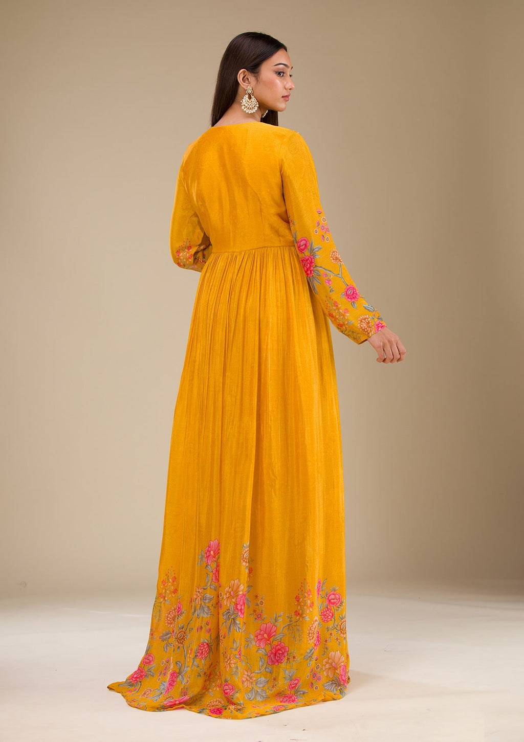 Mustard Printed Semi Crepe Readymade Salwar Suit