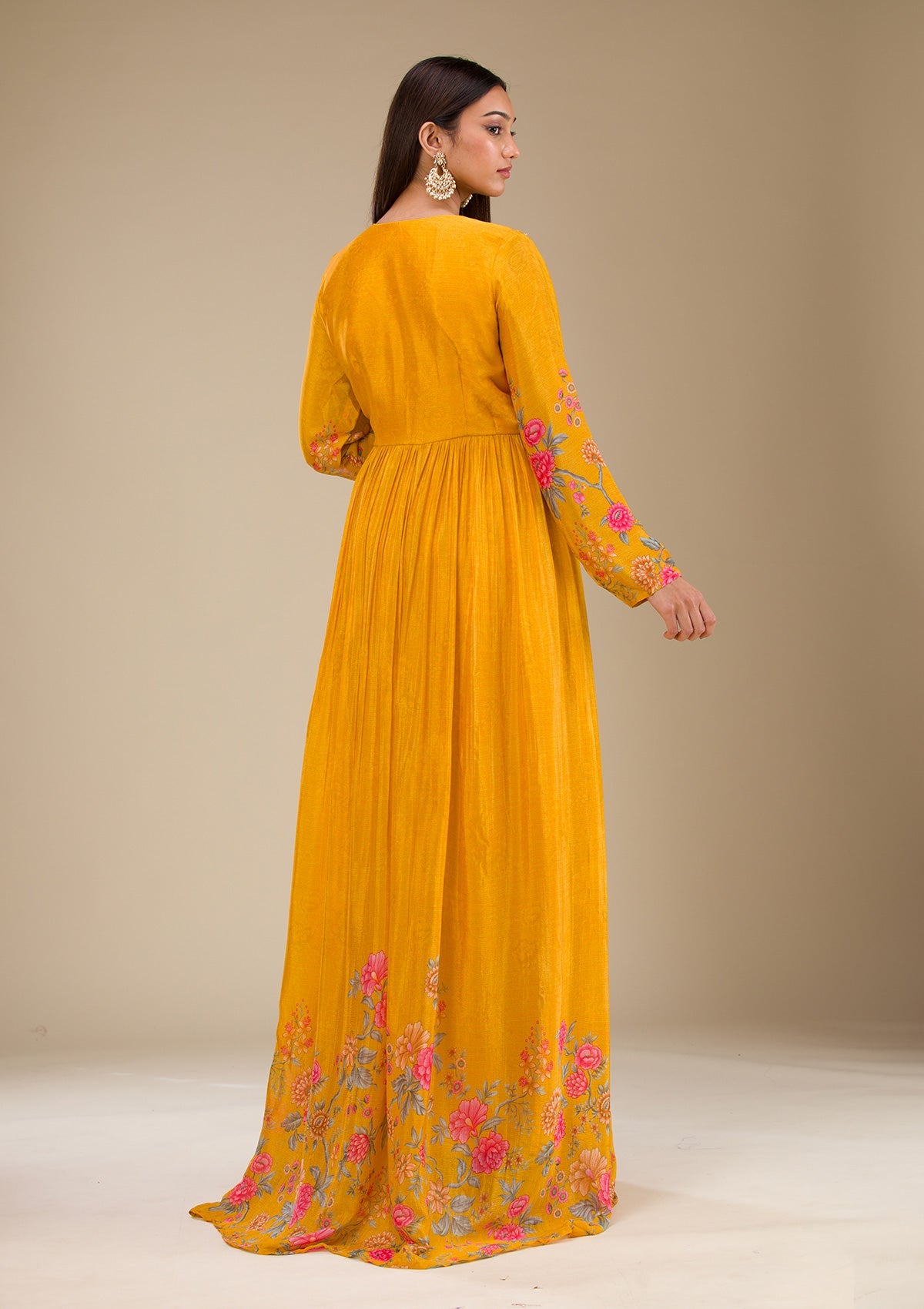 Mustard Printed Semi Crepe Readymade Salwar Suit
