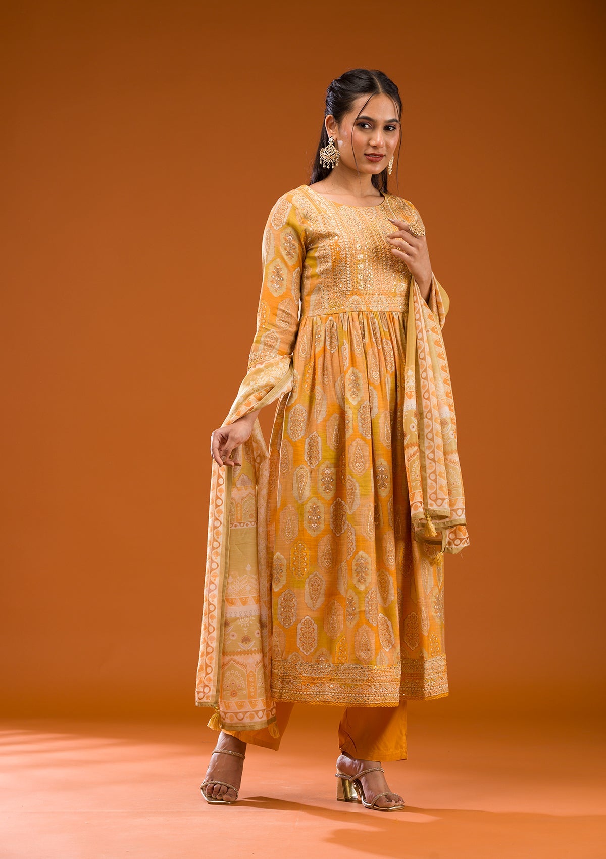 Mustard Printed Semi Crepe Readymade Salwar Suit