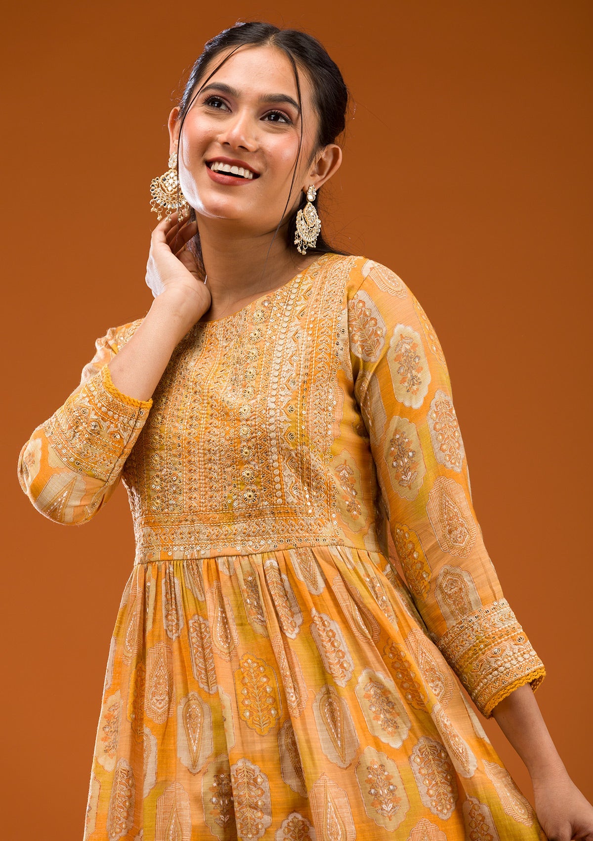 Mustard Printed Semi Crepe Readymade Salwar Suit