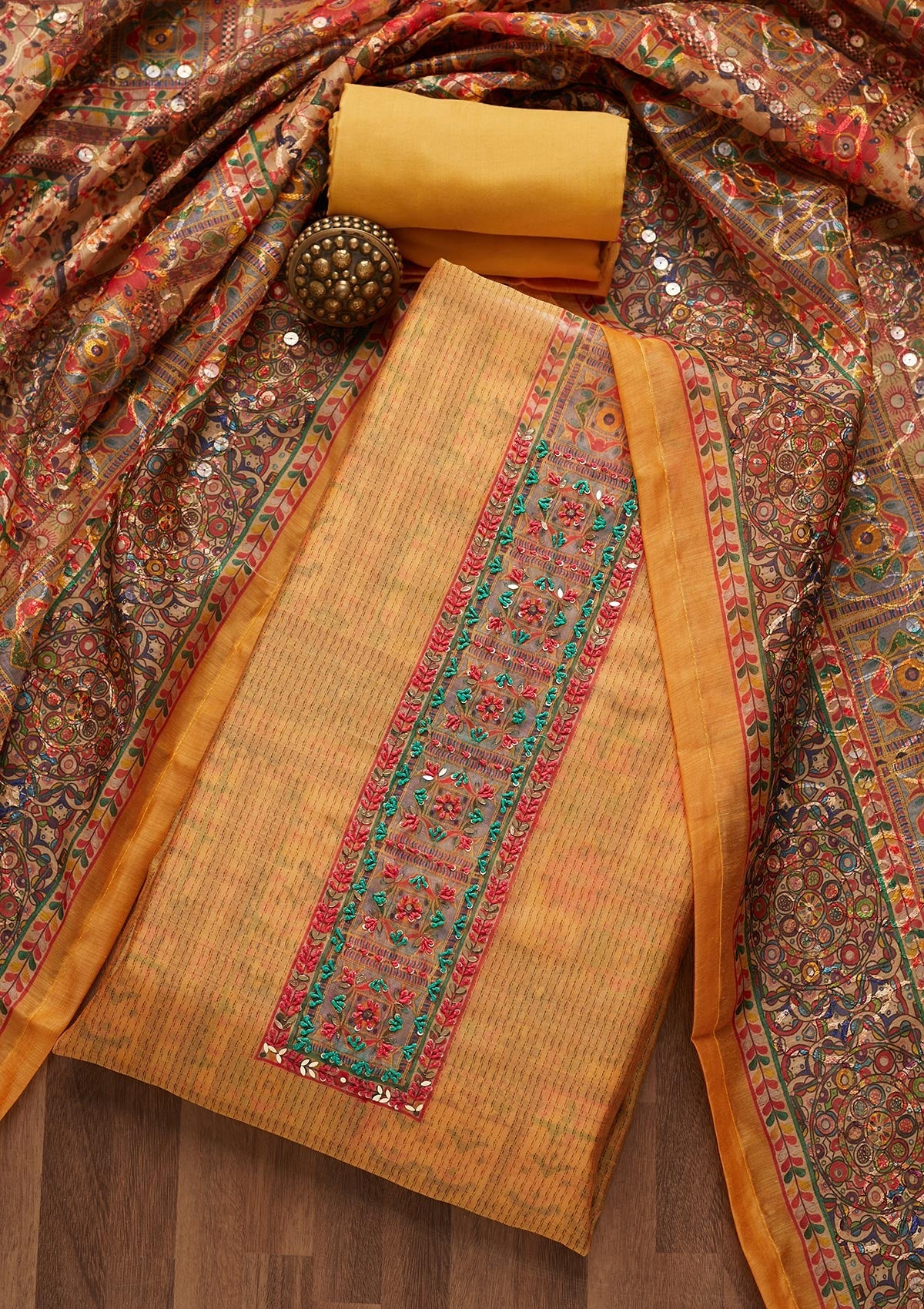 Mustard Sequins Chanderi Unstitched Salwar Suit
