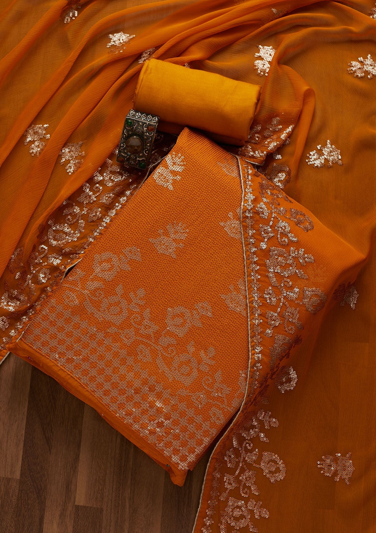 Mustard Sequins Semi Crepe Unstitched Salwar Suit