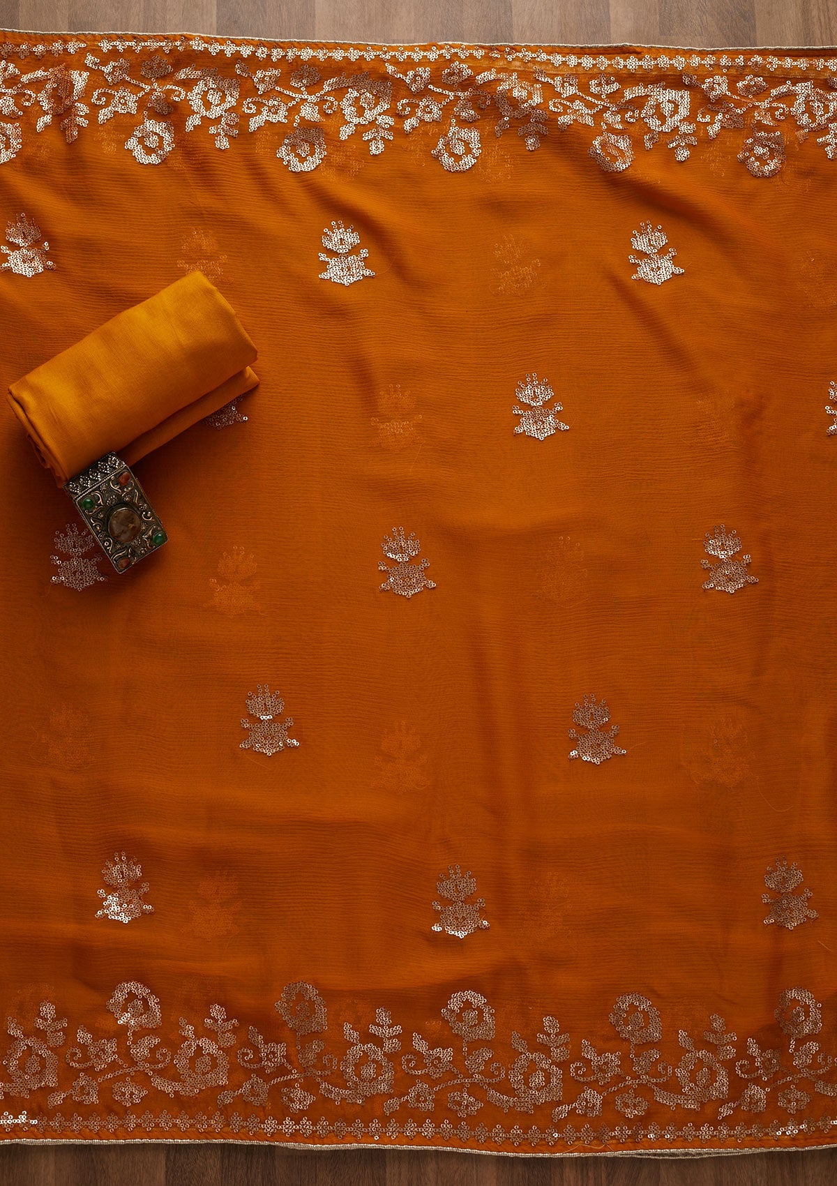 Mustard Sequins Semi Crepe Unstitched Salwar Suit