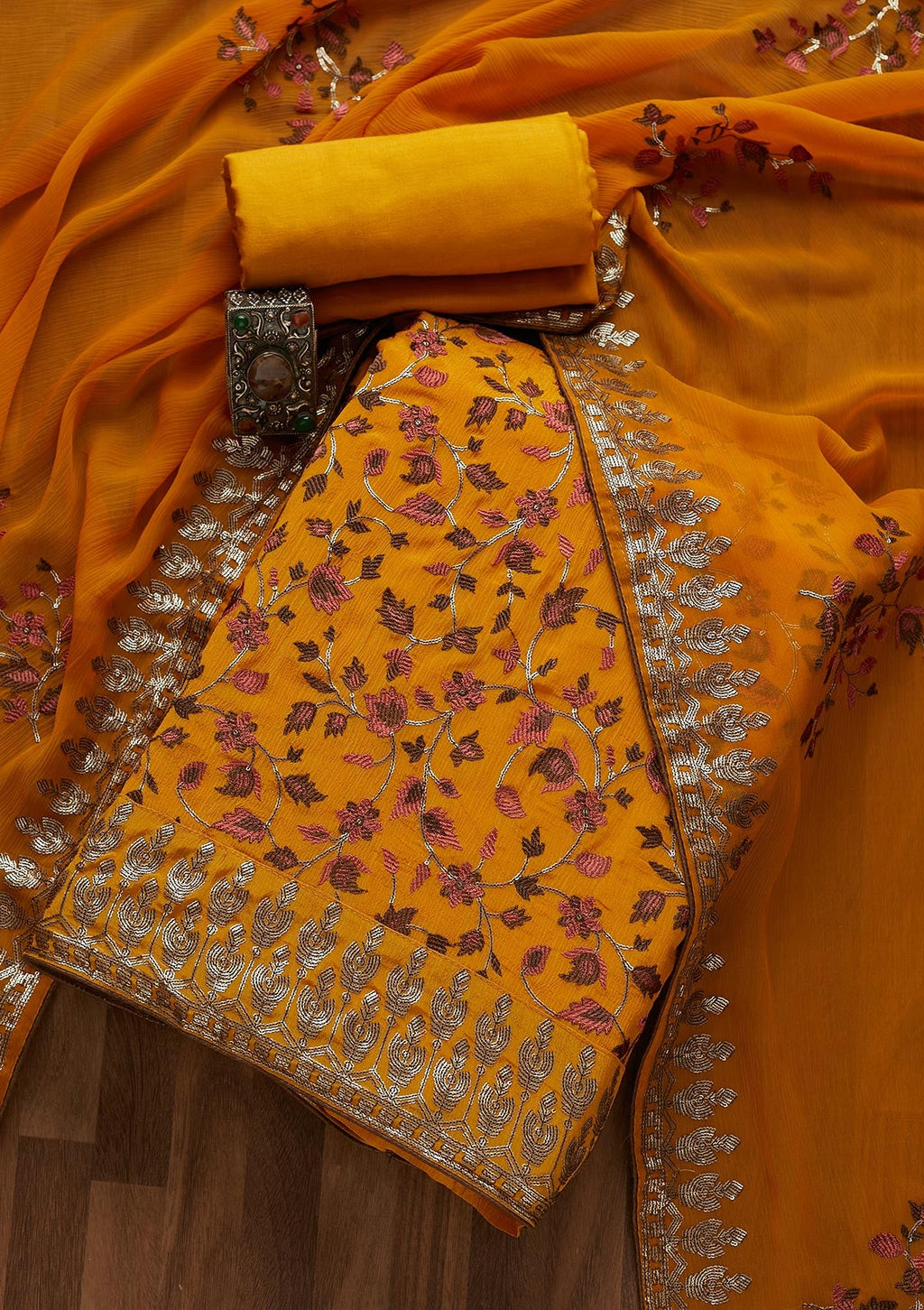 Mustard Sequins Semi Crepe  Unstitched Salwar Suit