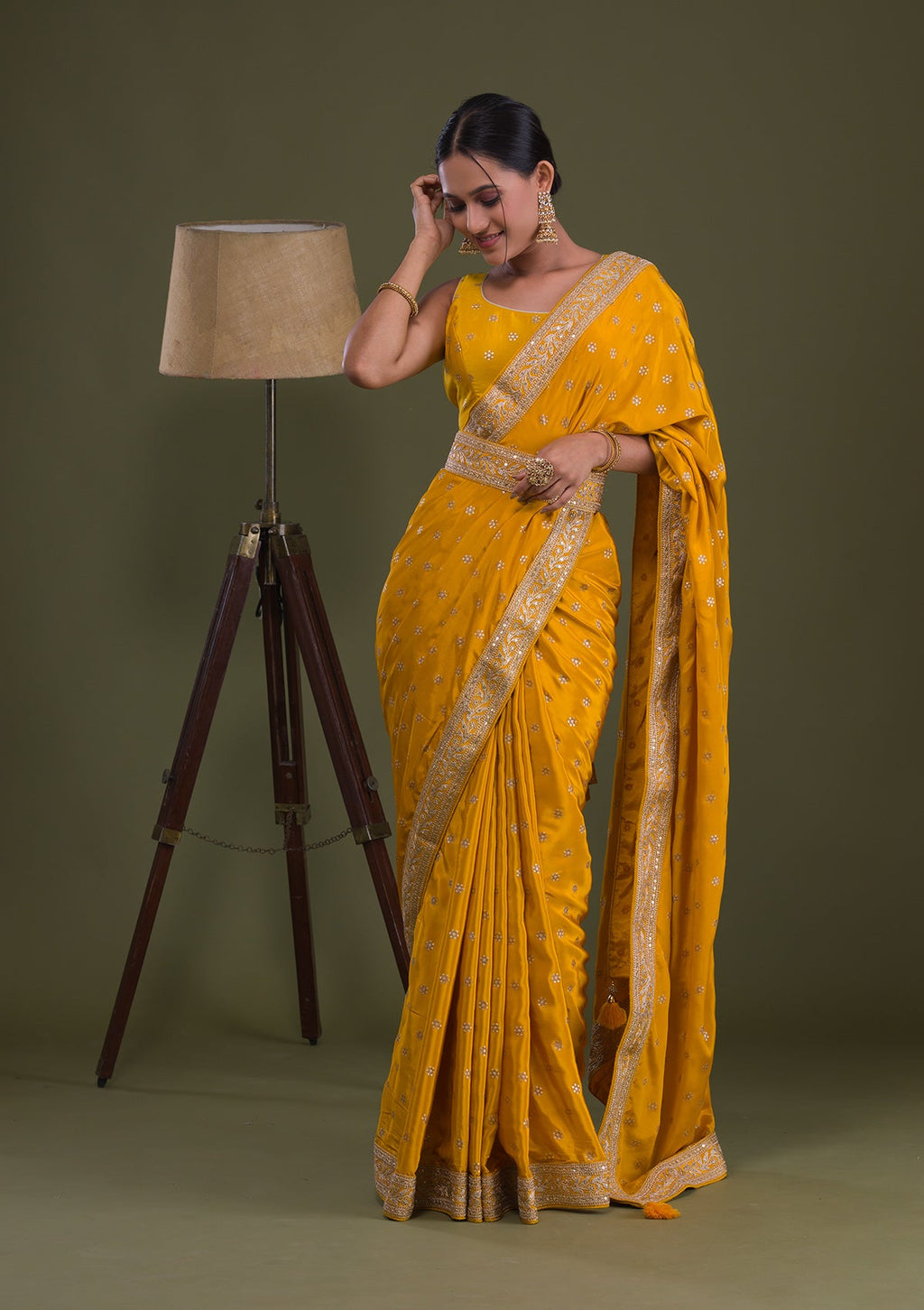 Mustard Sequins Semi Crepe Saree