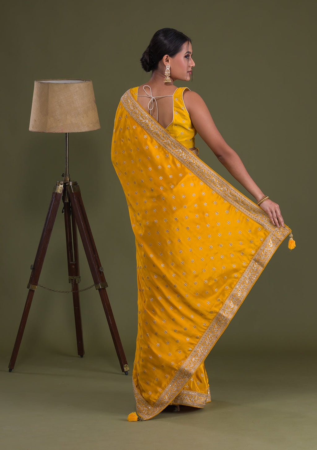 Mustard Sequins Semi Crepe Saree