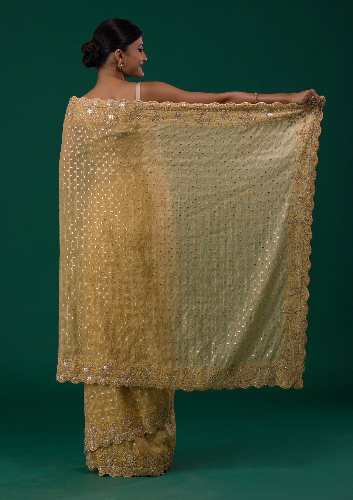 Mustard Sequins Organza Designer Saree