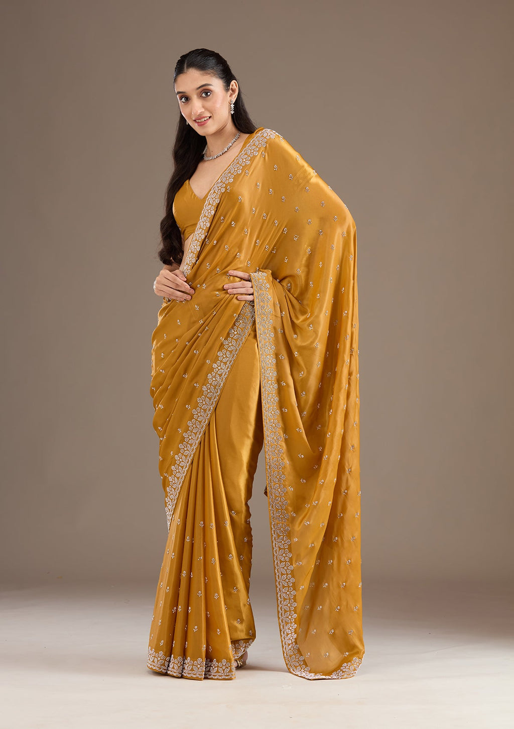Mustard Stonework Satin Saree
