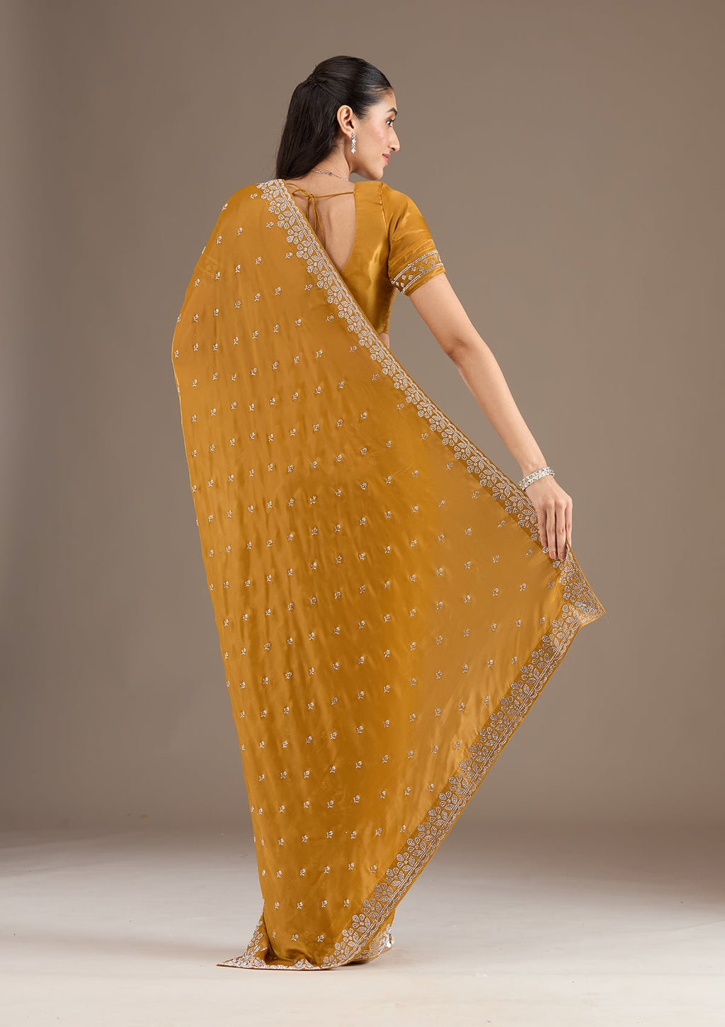 Mustard Stonework Satin Saree