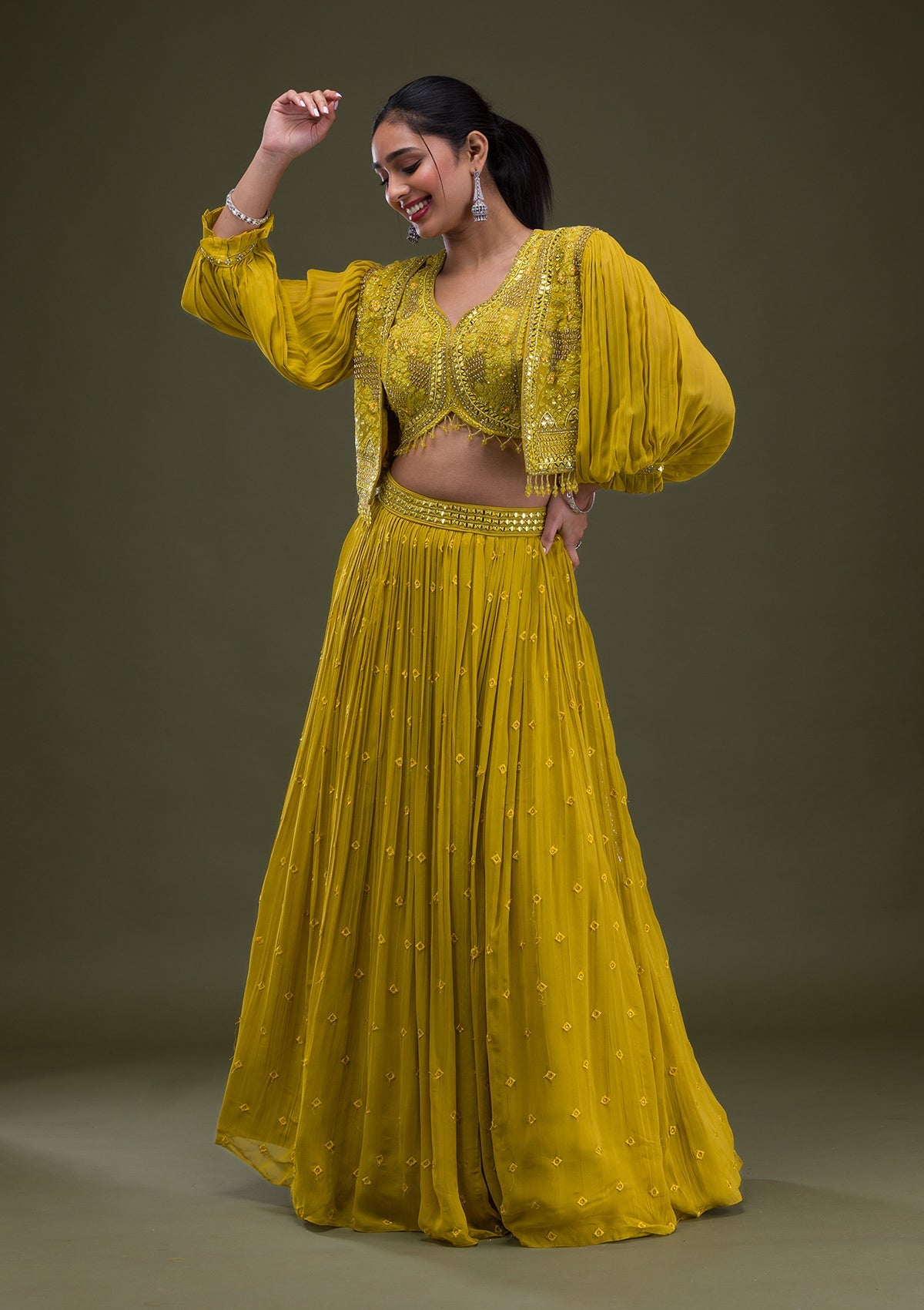 Mustard Threadwork Georgette Readymade Salwar Suit