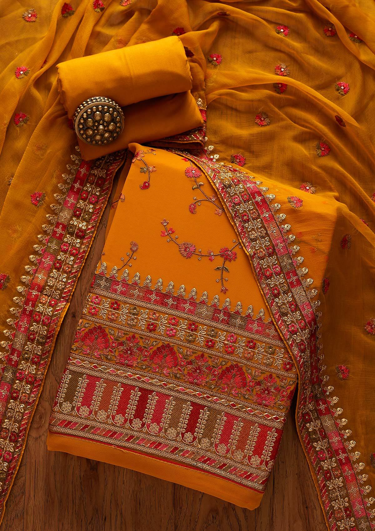 Mustard Threadwork Georgette Unstitched Salwar Suit