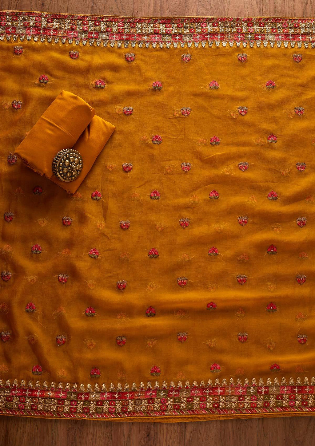 Mustard Threadwork Georgette Unstitched Salwar Suit