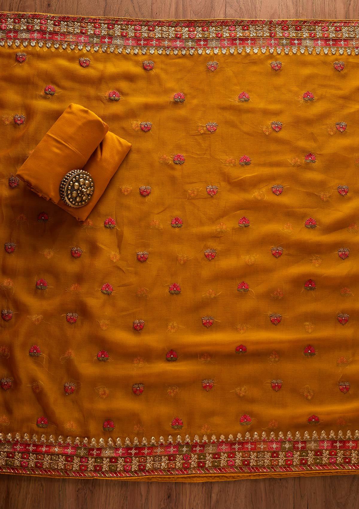 Mustard Threadwork Georgette Unstitched Salwar Suit