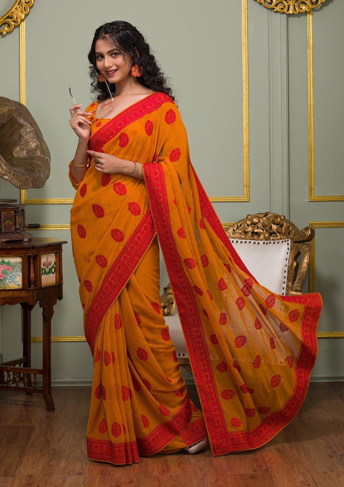 Mustard Threadwork Georgette Saree