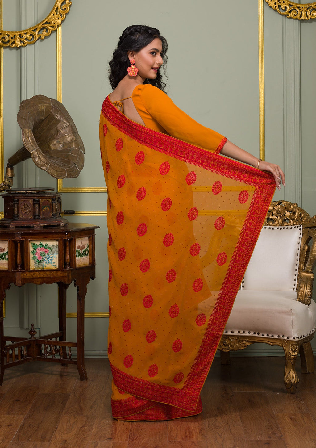 Mustard Threadwork Georgette Saree
