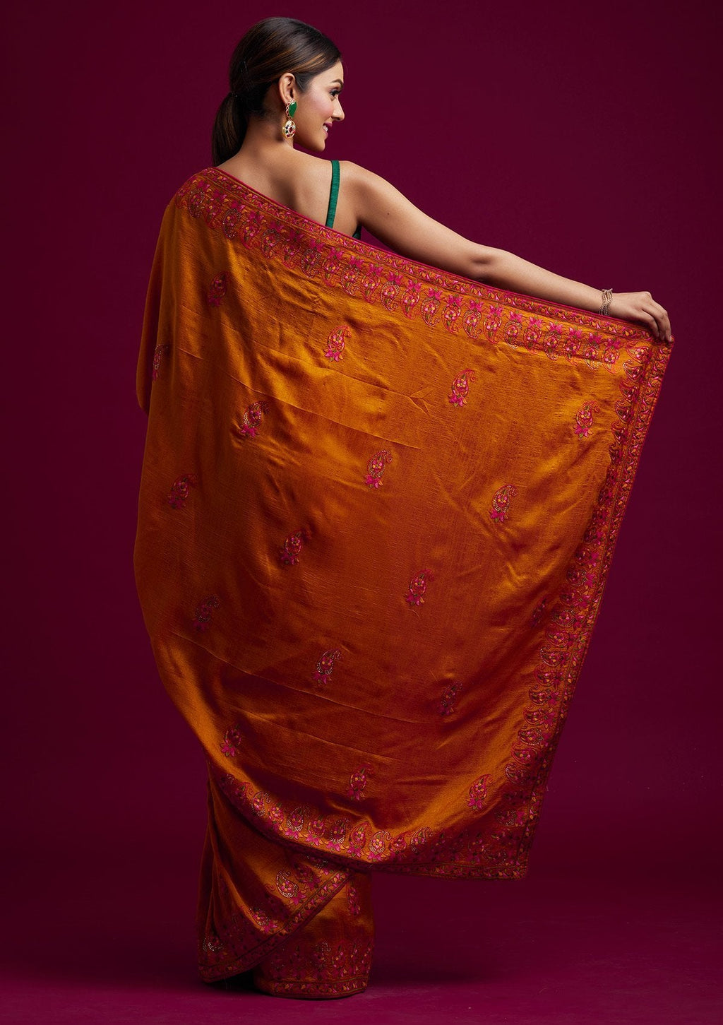 Mustard Thread Work Raw Silk Saree