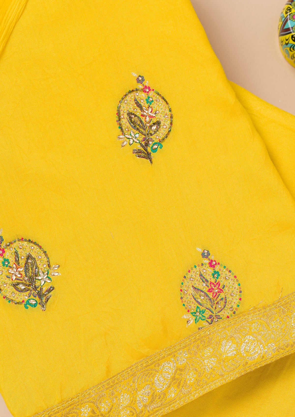 Yellow Threadwork Semi Crepe Unstitched Salwar Suit