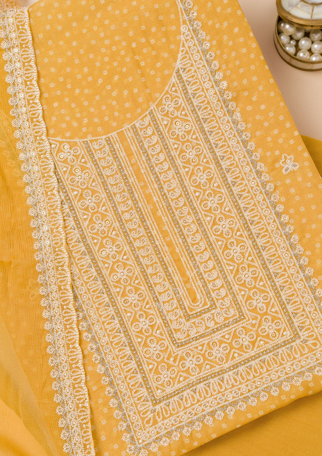 Mustard Threadwork Semi Crepe Unstitched Salwar Suit