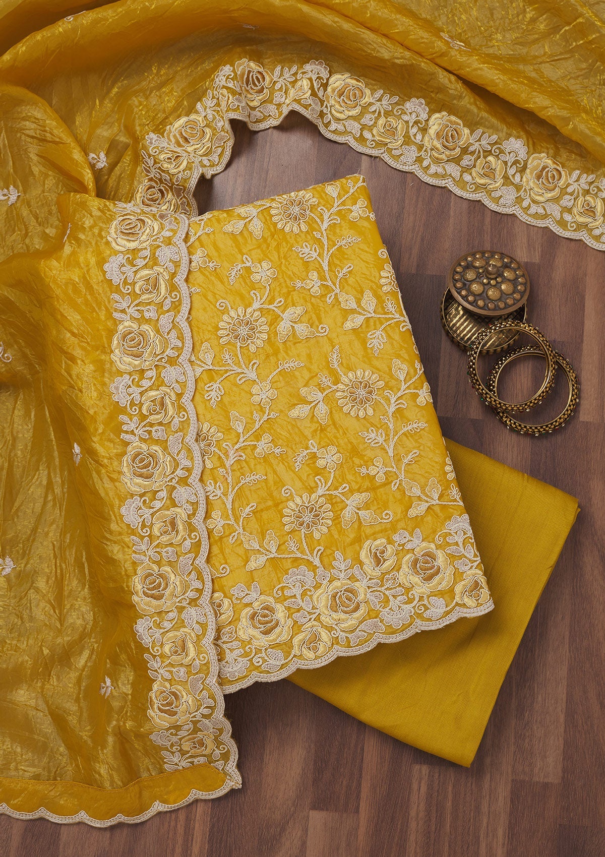 Mustard Threadwork Semi Crepe Unstitched Salwar Suit