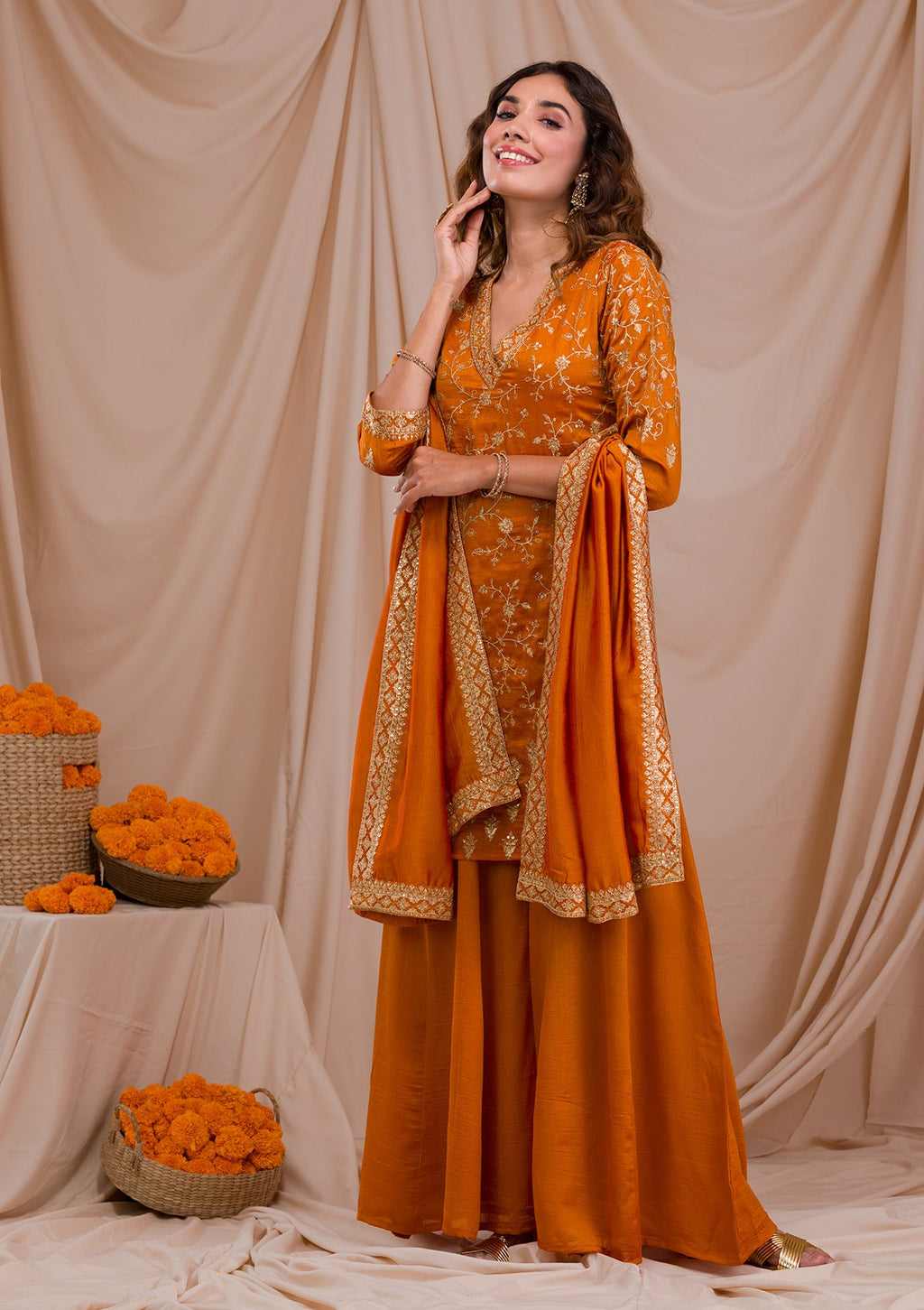 Mustard Zariwork Art Silk Readymade Sharara Suit