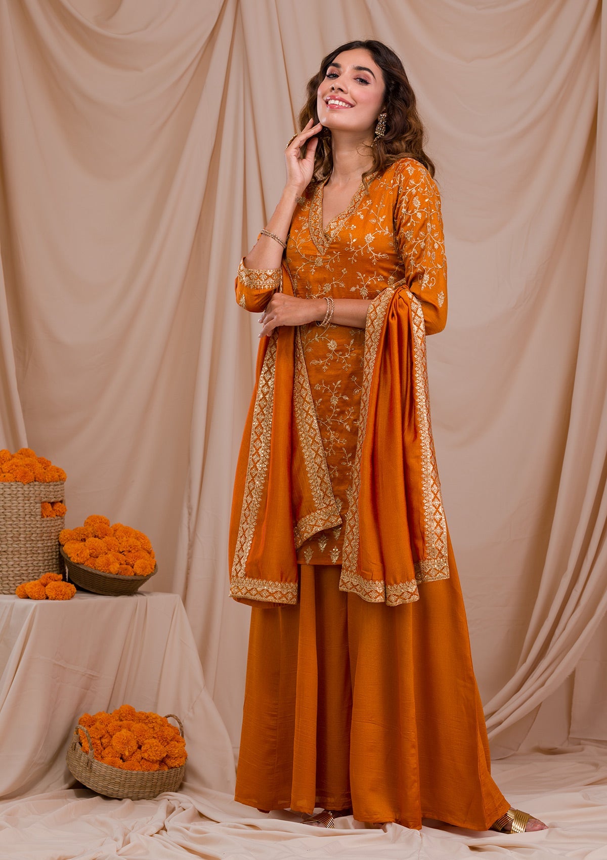 Mustard Zariwork Art Silk Readymade Sharara Suit