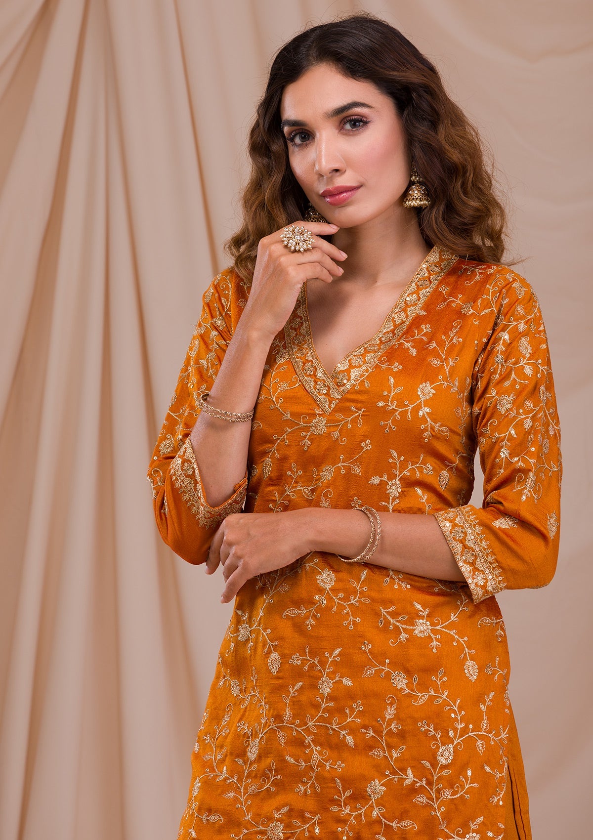 Mustard Zariwork Art Silk Readymade Sharara Suit
