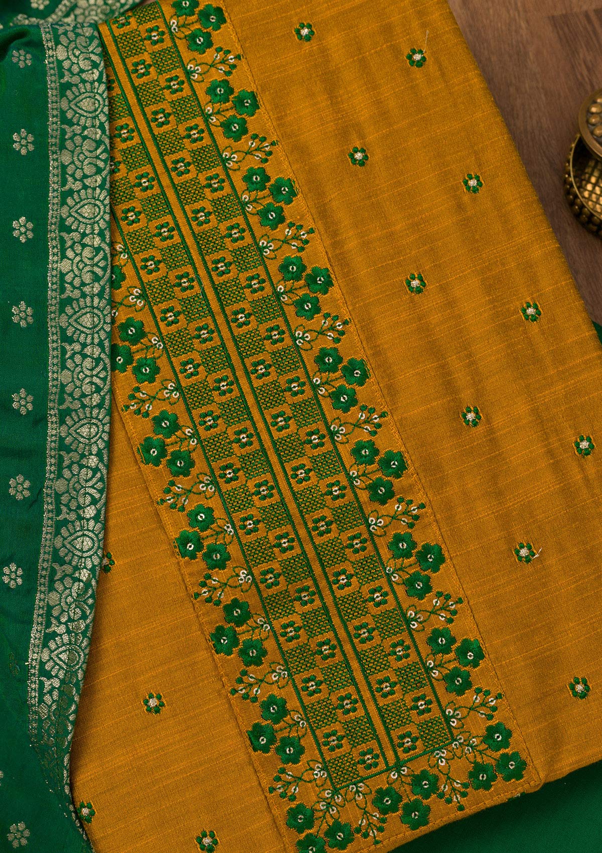 Mustard Zariwork Art Silk Unstitched Salwar Suit