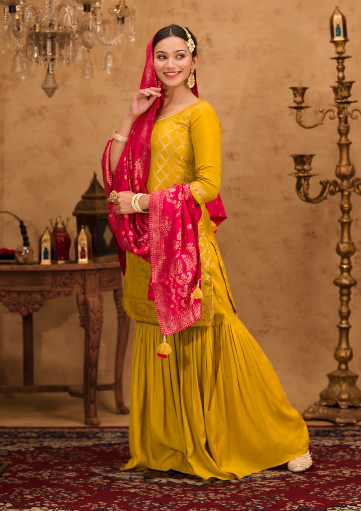 Mustard Zariwork Banarasi Readymade Sharara Suit