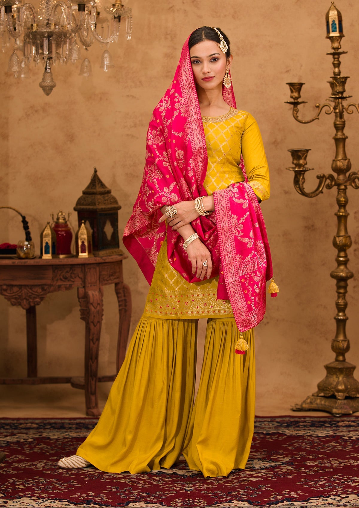 Mustard Zariwork Banarasi Readymade Sharara Suit