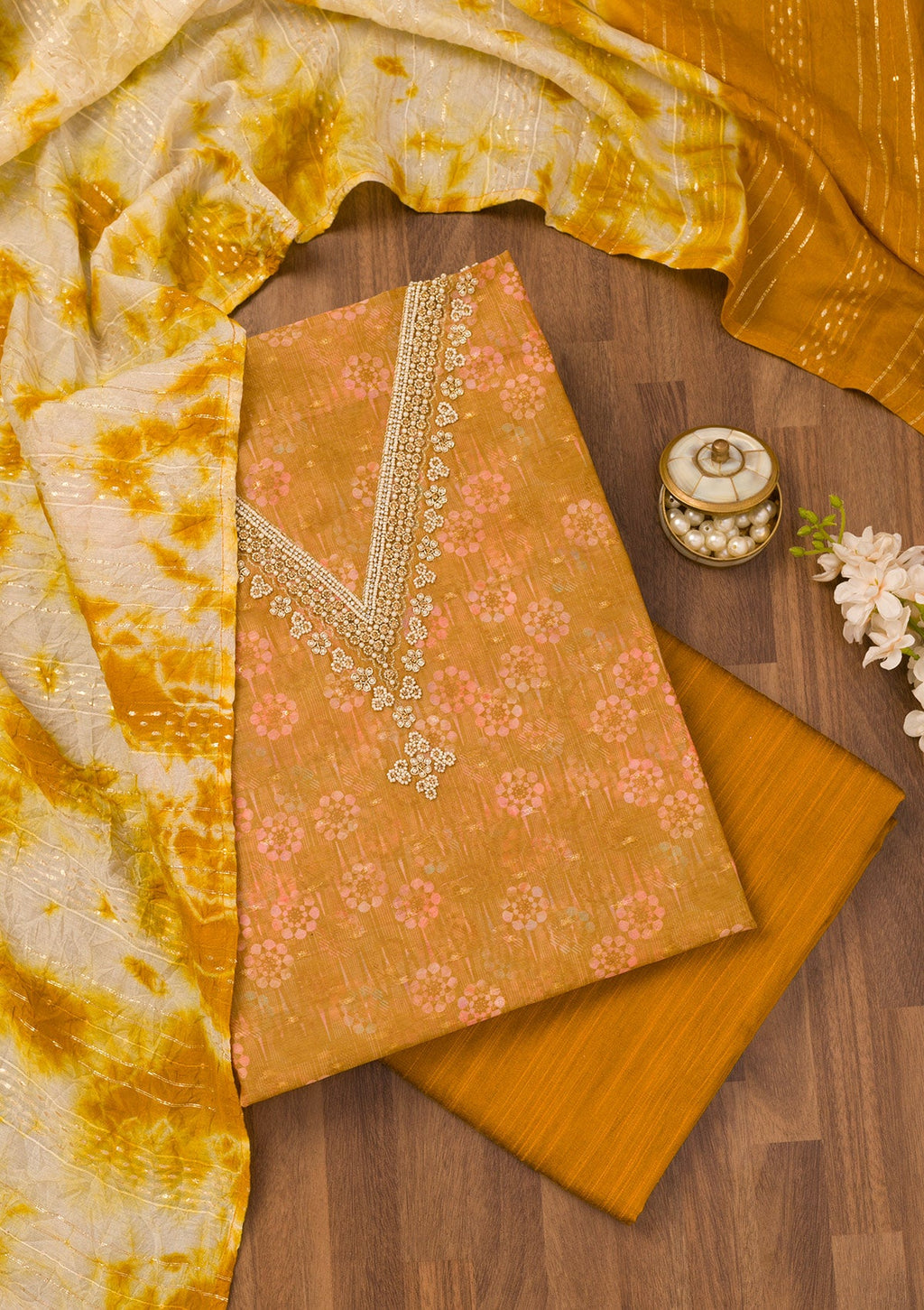 Mustard Zariwork Chanderi Unstitched Salwar Suit