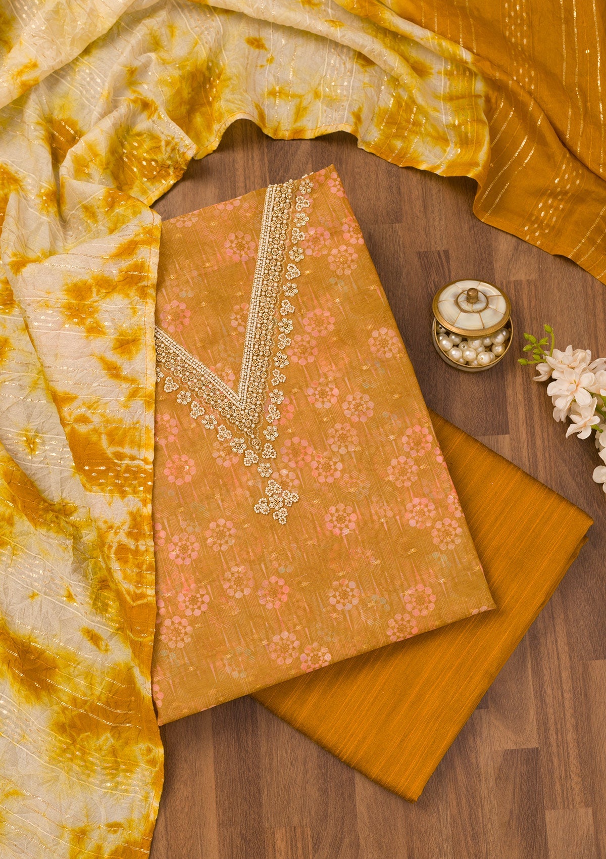 Mustard Zariwork Chanderi Unstitched Salwar Suit