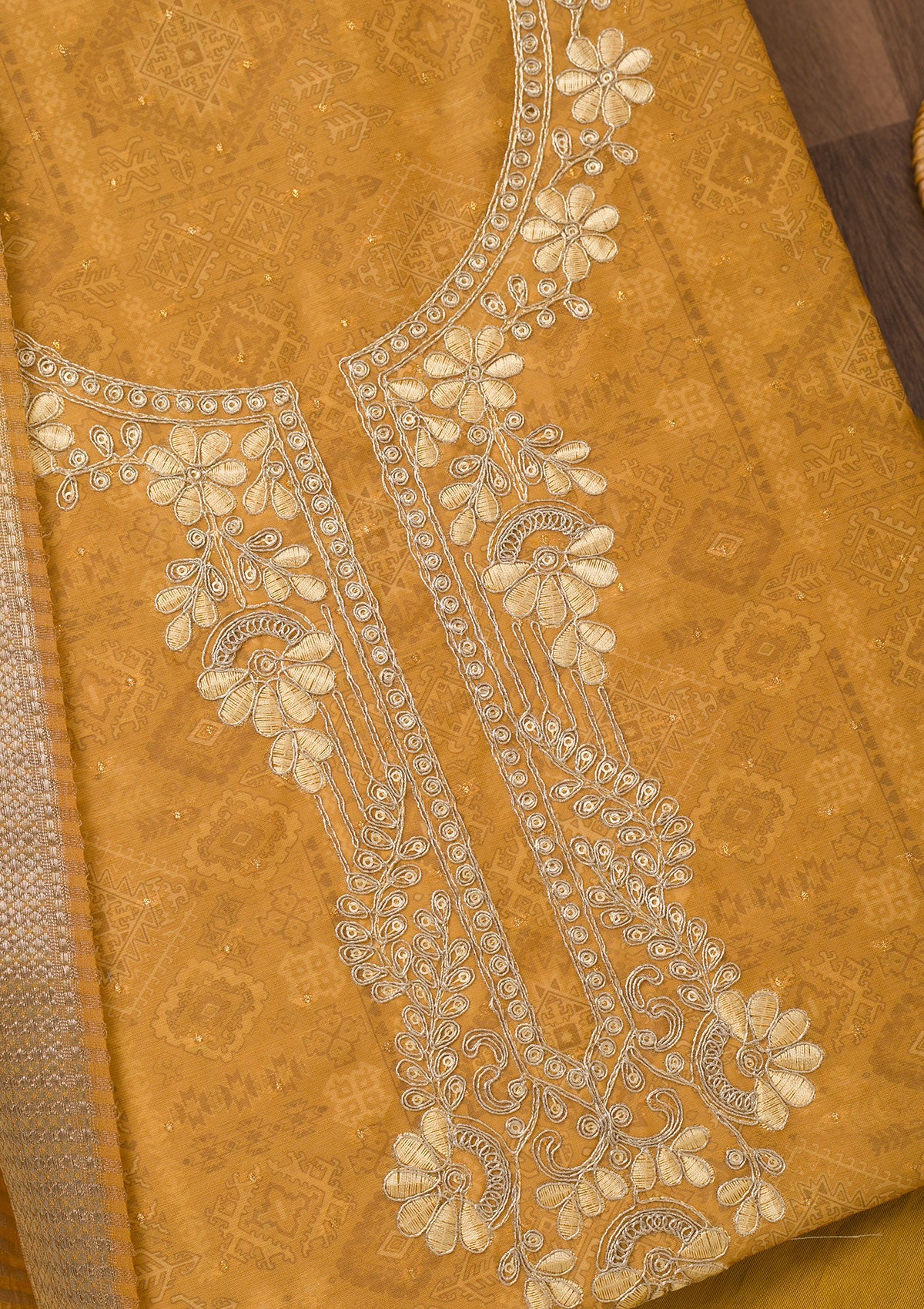Mustard Zariwork Cotton Unstitched Salwar Suit