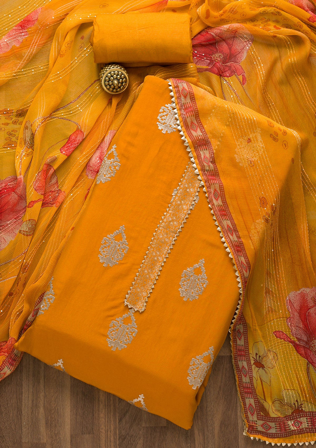 Mustard Zariwork Georgette Unstitched Salwar Suit
