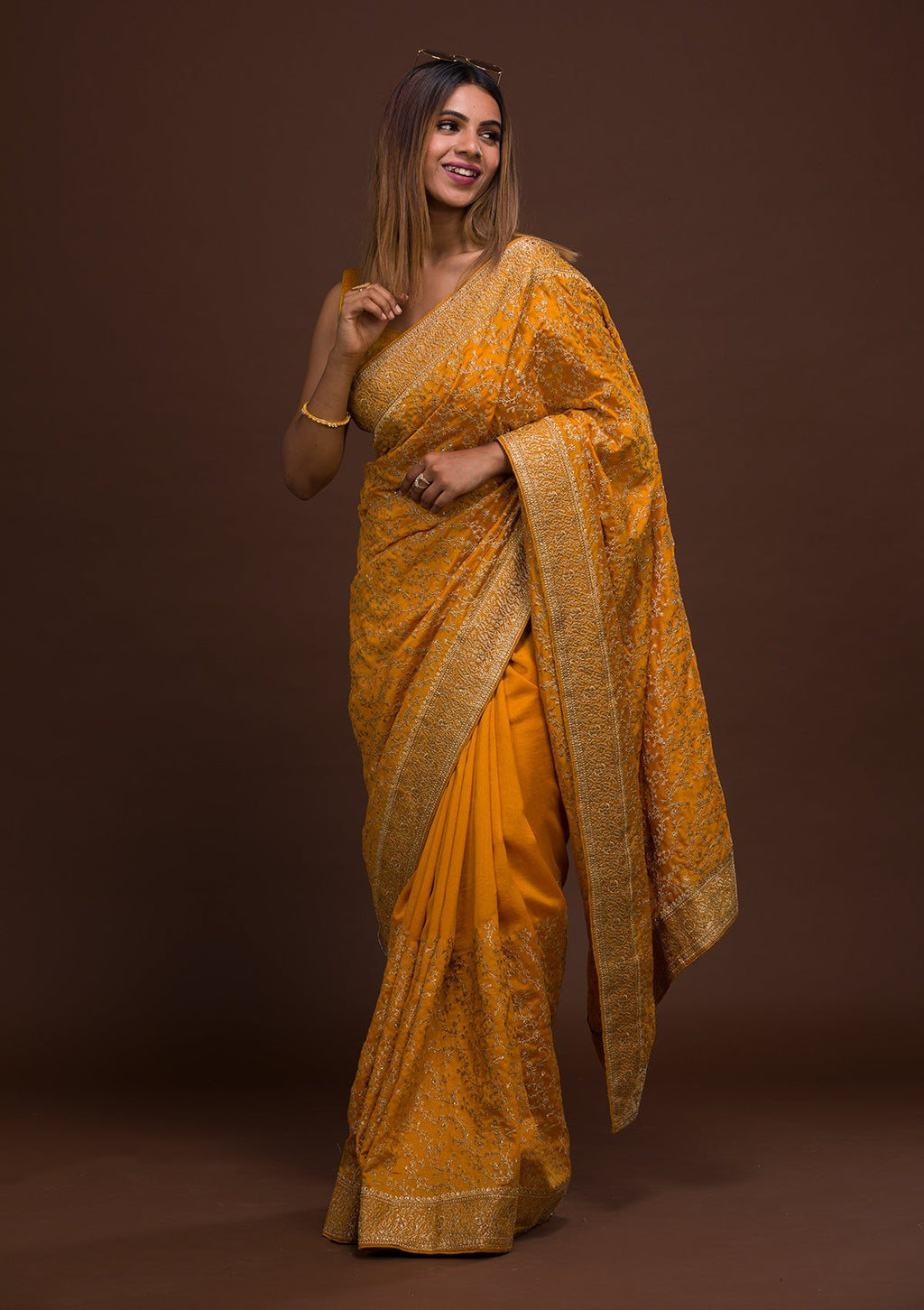 Mustard Zari Work Raw Silk Saree