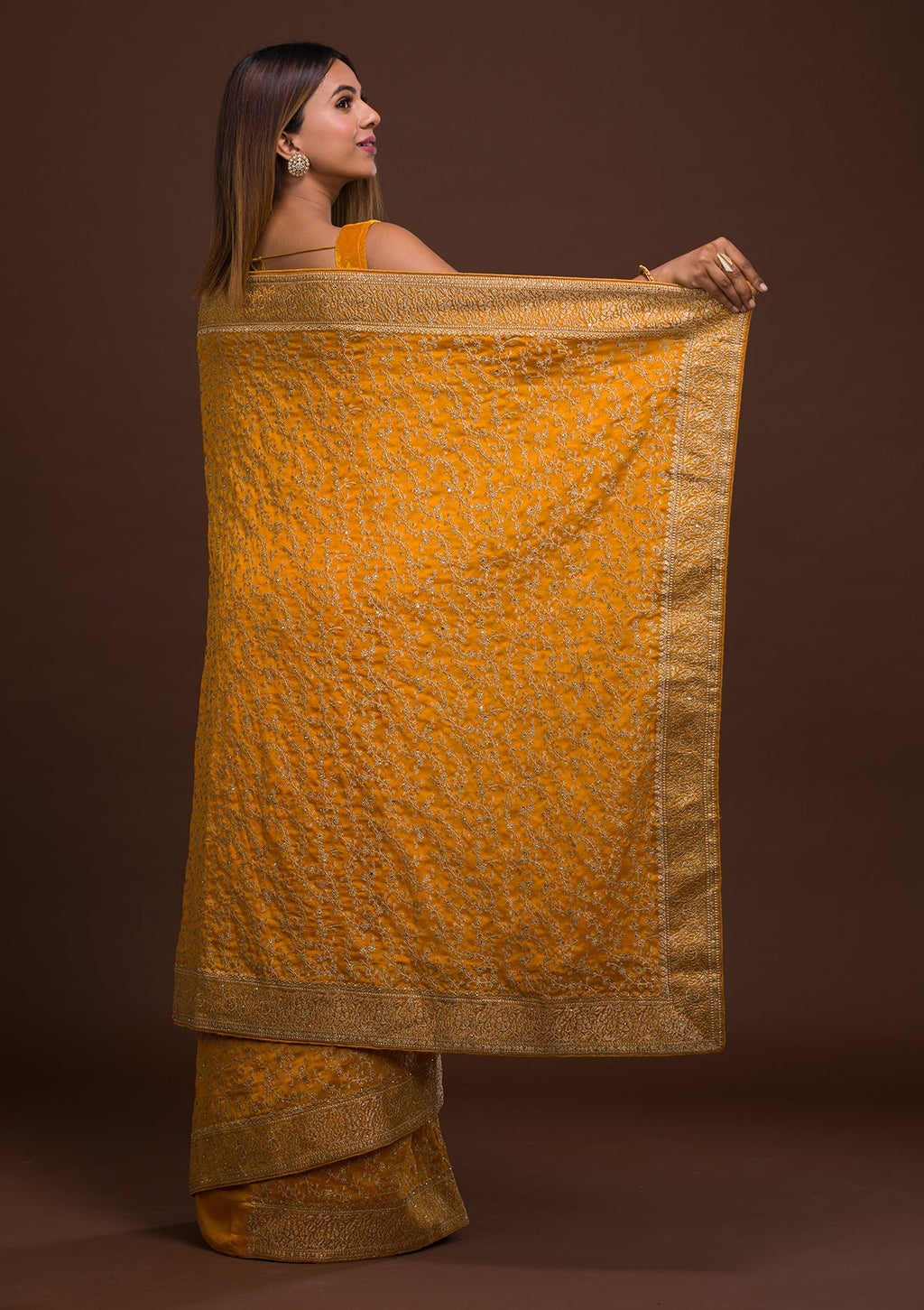 Mustard Zari Work Raw Silk Saree