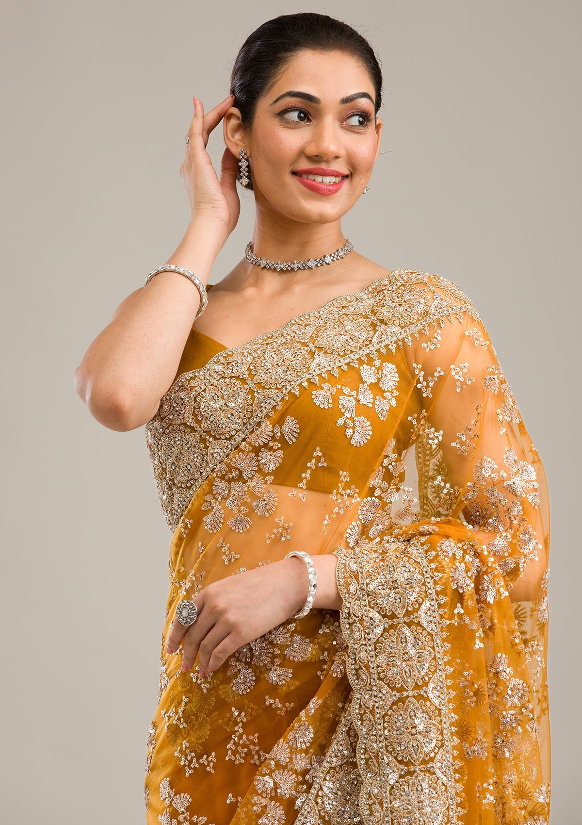 Mustard Zariwork Net Saree