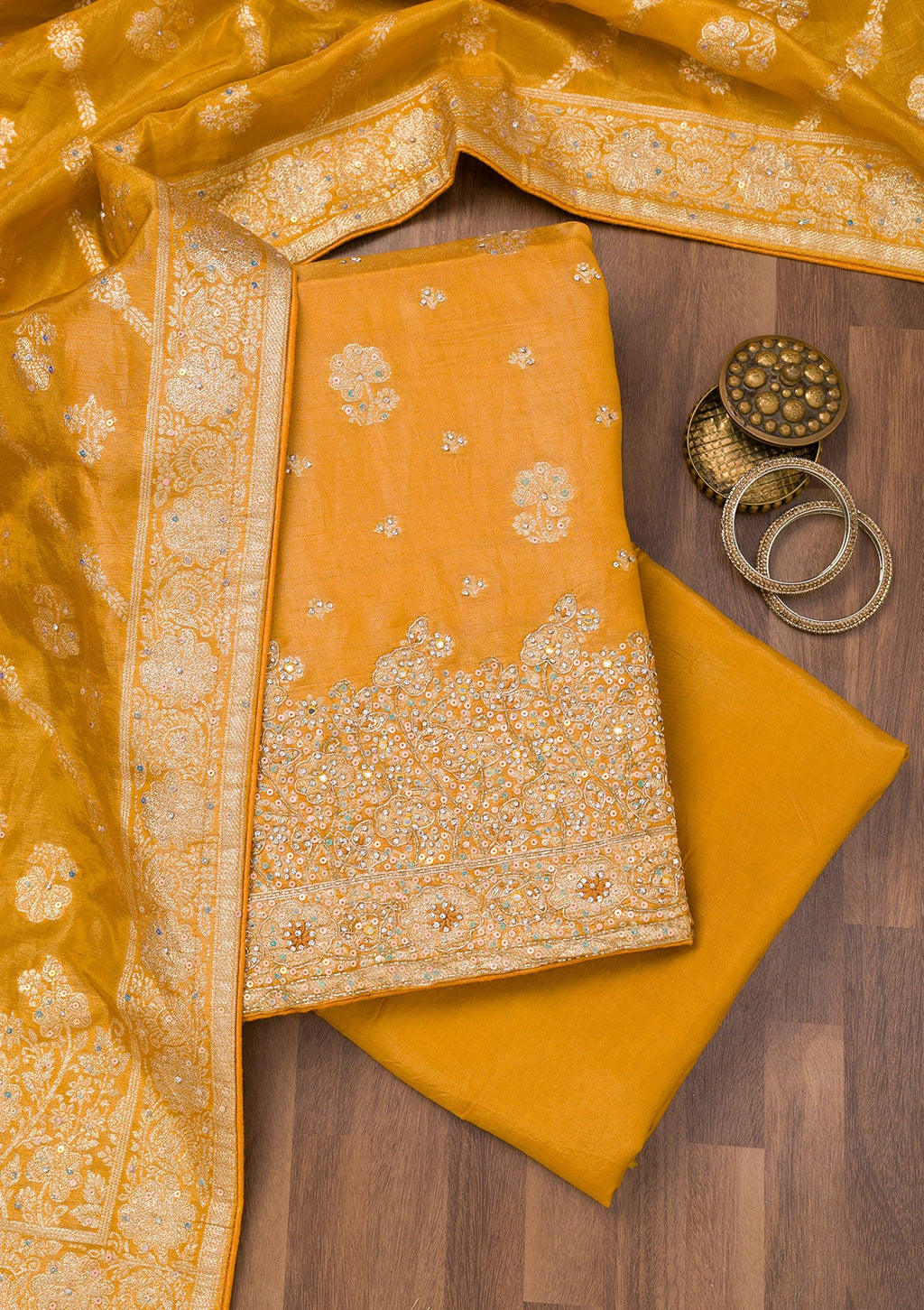Mustard Zariwork Semi Crepe Unstitched Salwar Suit