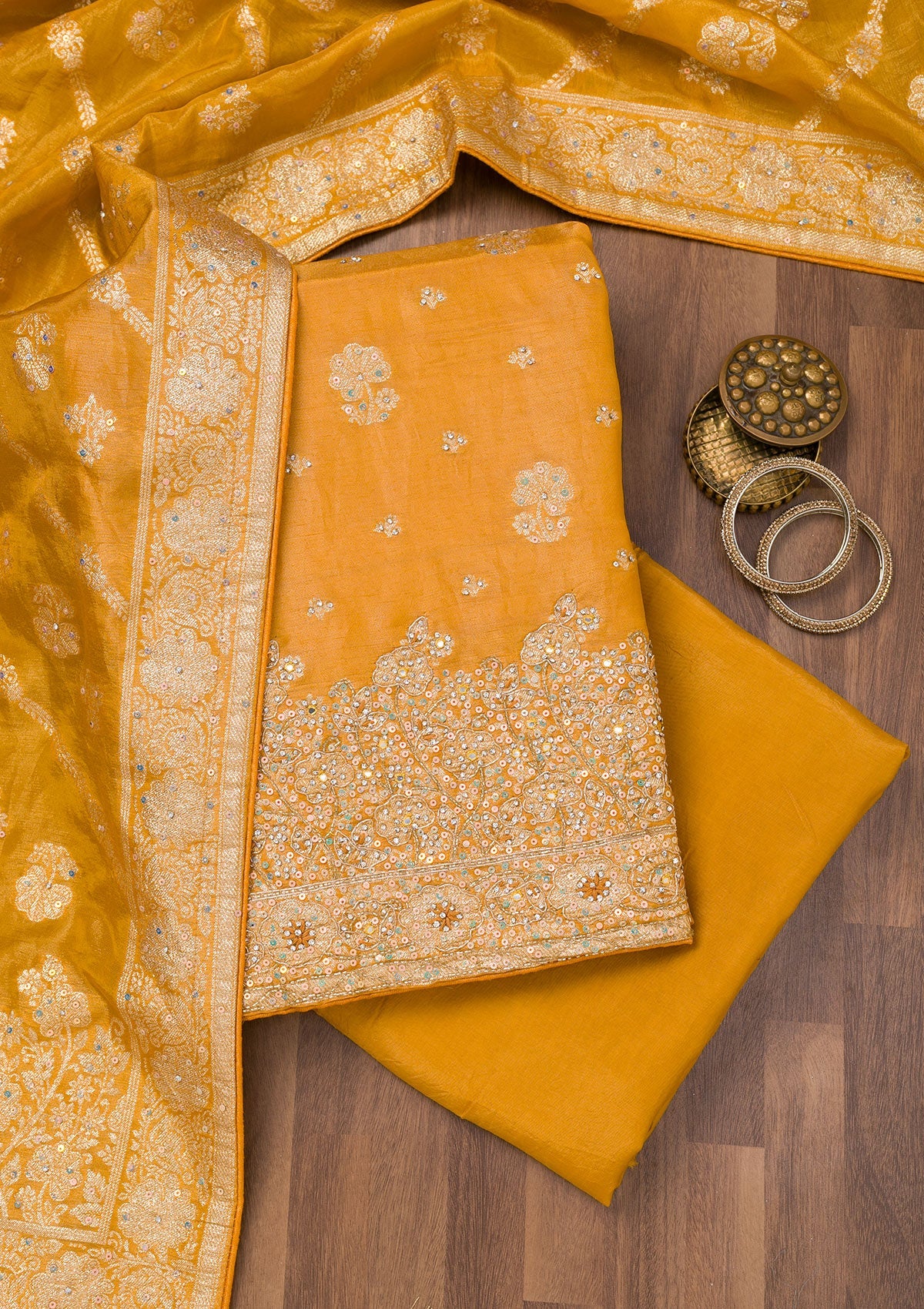 Mustard Zariwork Semi Crepe Unstitched Salwar Suit