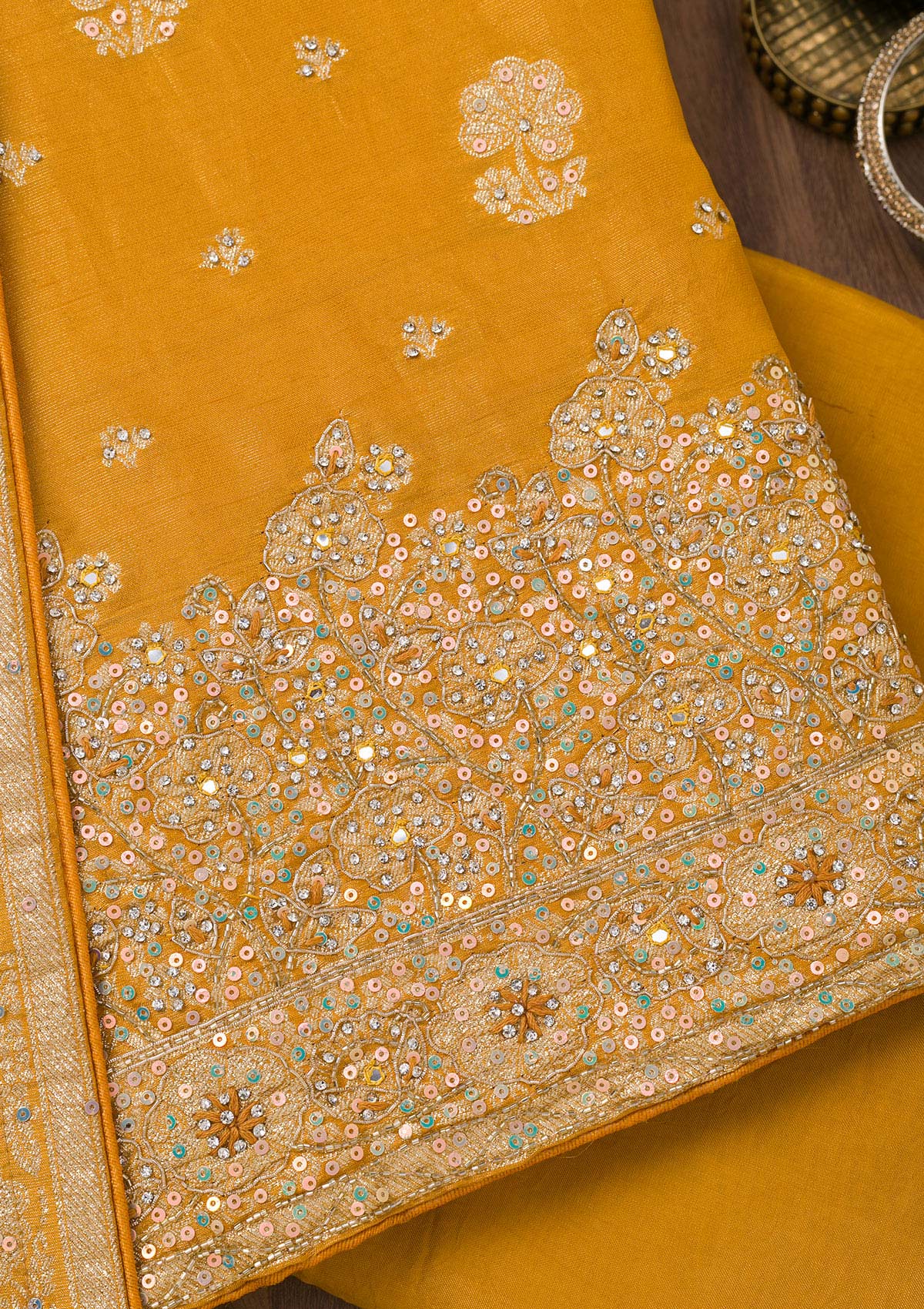 Mustard Zariwork Semi Crepe Unstitched Salwar Suit