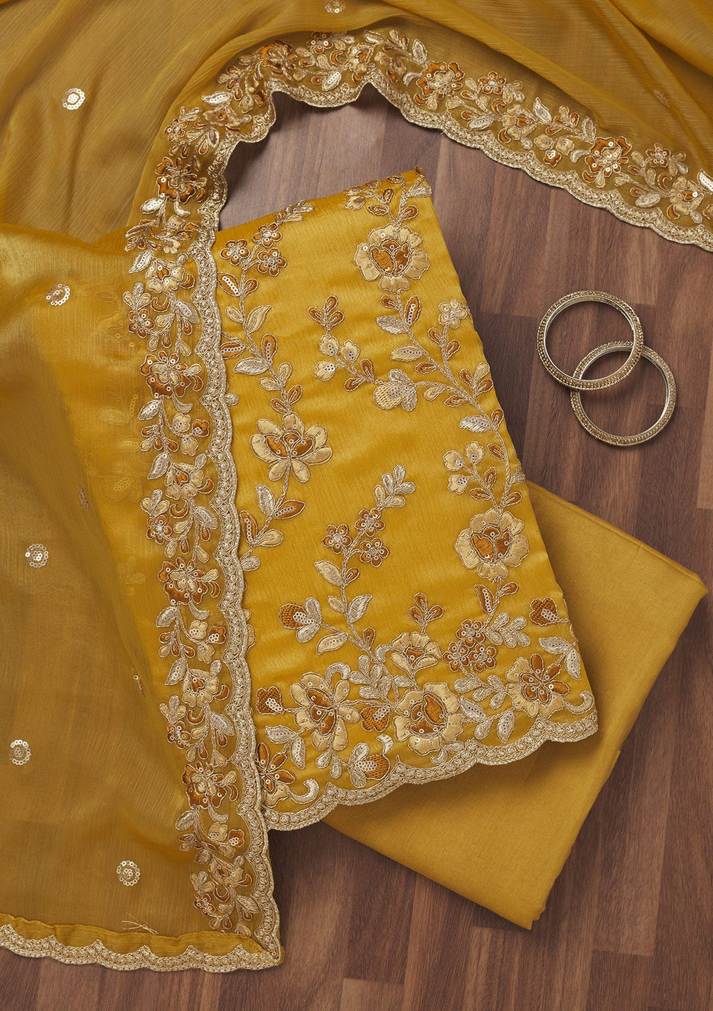 Mustard Zariwork Semi Crepe Unstitched Salwar Suit