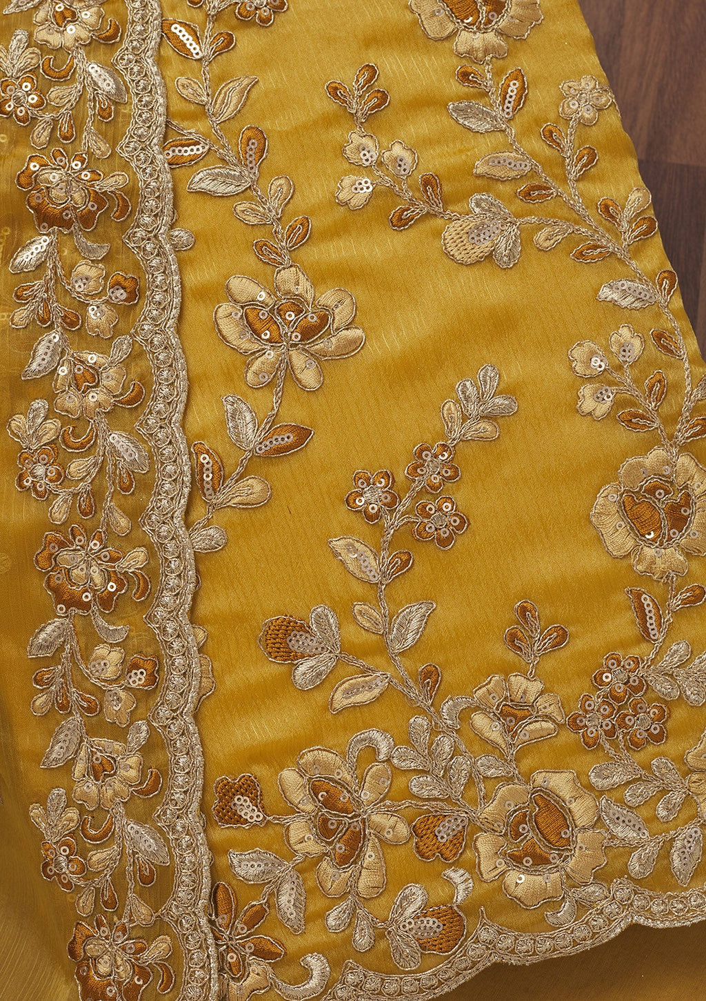 Mustard Zariwork Semi Crepe Unstitched Salwar Suit