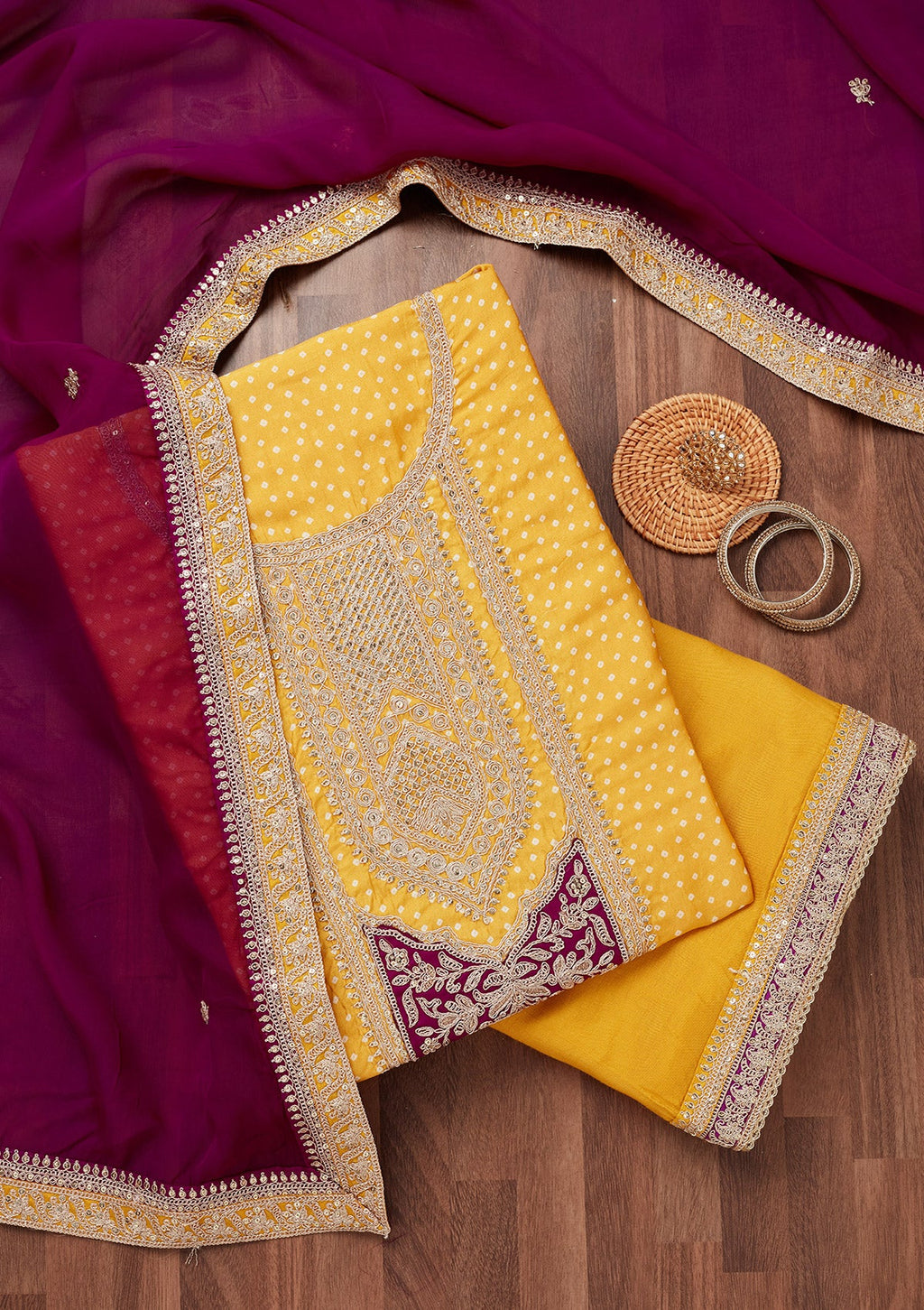 Mustard Zariwork Semi Crepe Unstitched Salwar Suit