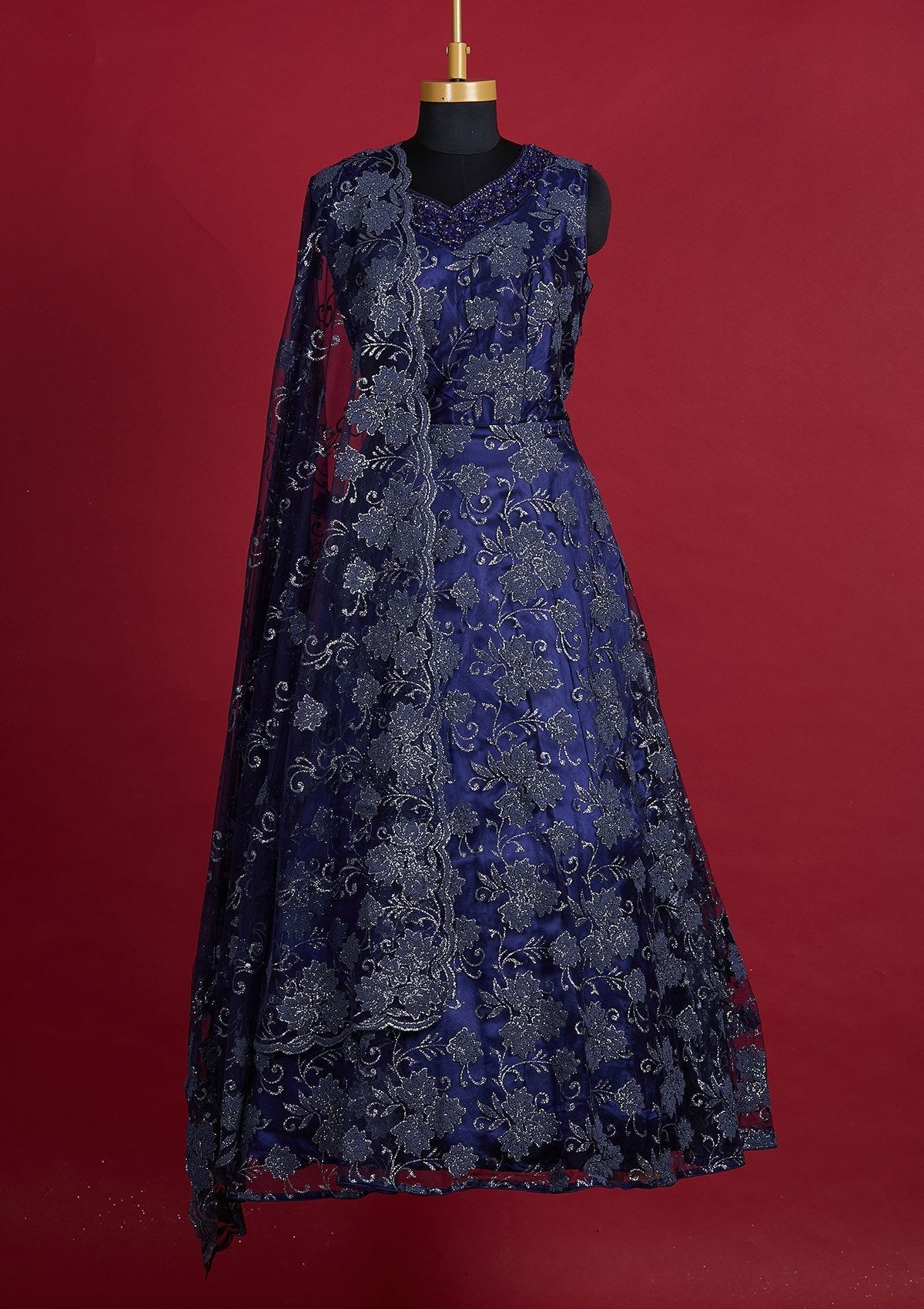 Navy Blue Glitter Net Designer Gown