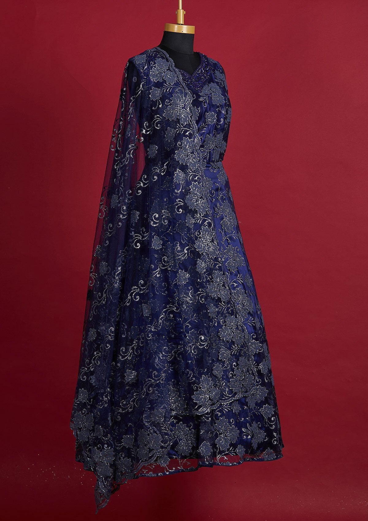 Navy Blue Glitter Net Designer Gown
