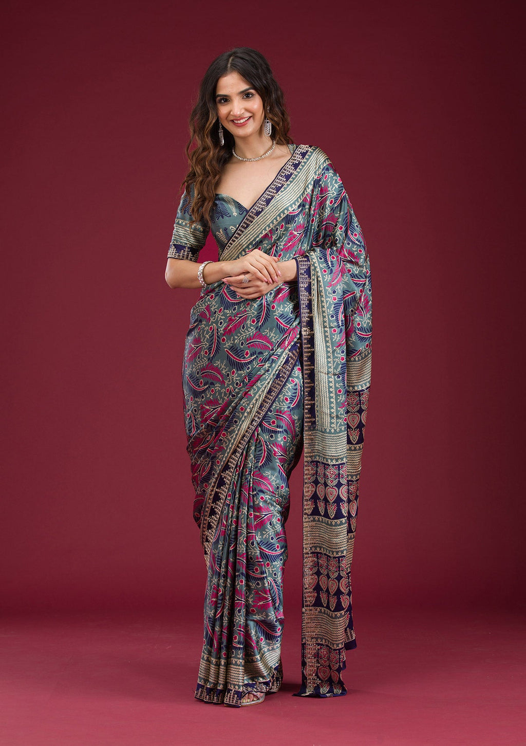 Navy Blue Stonework (Silver) Satin Saree