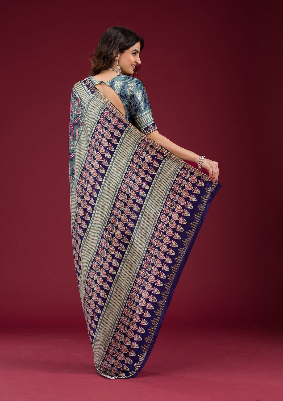 Navy Blue Stonework (Silver) Satin Saree